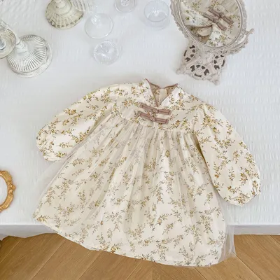Autumn Infant Children Stand Collar Flower Printed Mesh Long Sleeve Skirt
