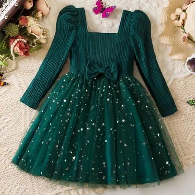 Autumn New Girls Long Sleeve Bowknot Star Sequins Mesh Princess Dress