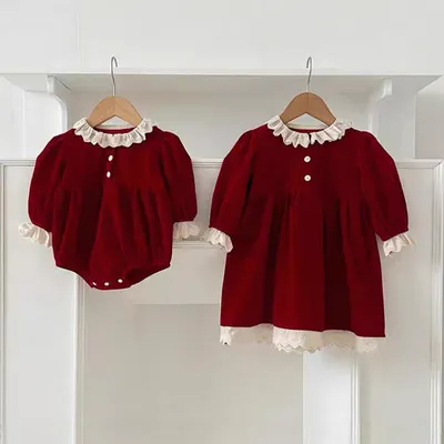 Lace-trimmed Red Dress For Girls Romper-style Bodysuit