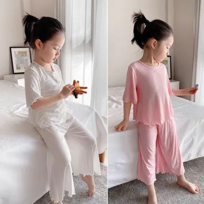 Girls' Ice Silk Pajama Top And Pants Set