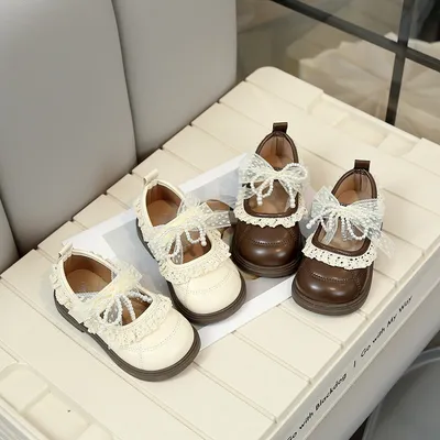 2026 Spring New Arrival Girls' Fashion Lace Trim Flat Shoes, Korean Style Bow Princess Shoes, Kids Fashion Leather Shoes