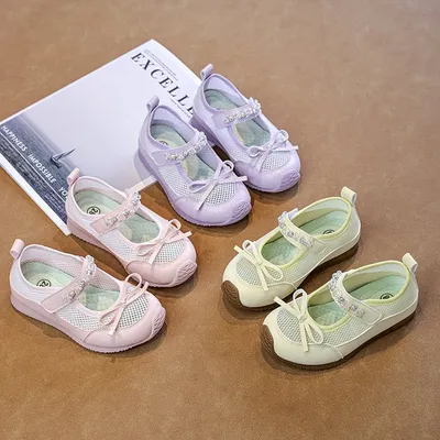 2026 Summer New Girls Ballet Shoes, Mary Jane Sandals With Bow & Rhinestone, Breathable Soft Sole Kids Shoes