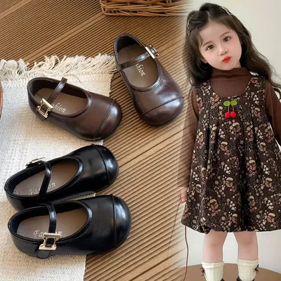 2026 Spring New Arrival Girls' Leather Shoes, Black Korean Style Soft Sole Toddler Flat Shoes, Retro Princess Casual Shoes For Little Girls