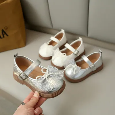 2026 Spring & Autumn New Girls' Leather Shoes, Fashion Beaded Bow Princess Style Flats, Lace Mary Jane Shoes