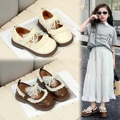 2026 Spring New Korean Style Girls Leather Shoes, Fashion Kids Princess Shoes With Bow, Lace & Pearl Trim For Little Girls