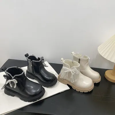 2026 Spring New Princess Boots For Girls, Kids Martin Boots, Bow & Pearl Decor Soft Sole Leather Boots For Big & Medium Kids