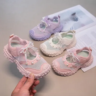 2026 New Summer Girls Hollow Single Mesh Sports Sandals, Fashion Versatile Dad Sneakers With Pearl Bow Decor Breathable Mesh Casual Shoes