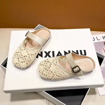 2026 New Summer Girls Hollow Round Toe Mule Slippers, Woven Closed Toe Retro Fashion Flat Slide Sandals, Casual Simple Outdoor Wear