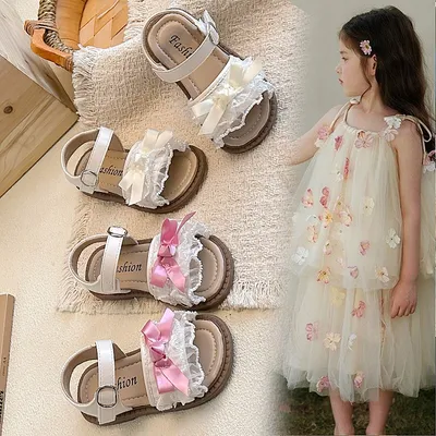 2026 Spring Summer Ins Kids Sandals, Korean Style Girls Flat Princess Shoes With Bow & Mesh Lace Trim