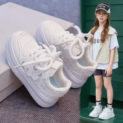 2026 Spring Summer Kids Skate Shoes, Breathable Mesh White Sneakers For Girls, Lightweight Versatile Performance & Running Shoes