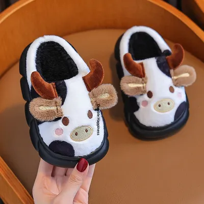 Autumn And Winter Children's Cotton Slippers Cow Fur
