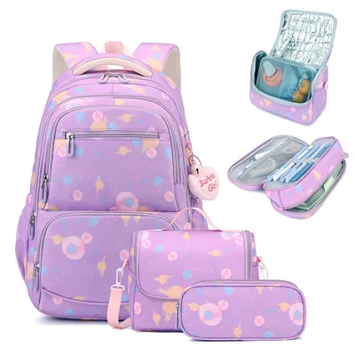 Three-piece Cartoon-print Set Junior High School Backpack Weight-reducing Campus Bag