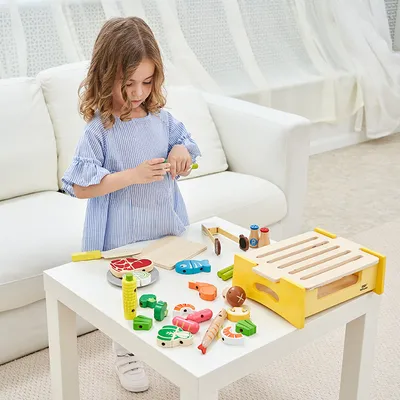  Wooden Play House Kitchen Bbq Set Toy Cooking Magnetic Mini Food Storage Barbecue Puzzle Enlightenment Toy Gift