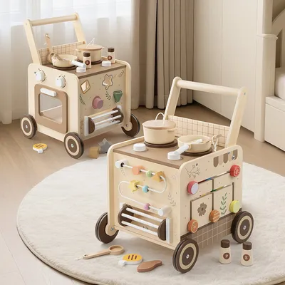 Wooden Multifunctional Beaded Building Block Hand Truck For Toddlers
