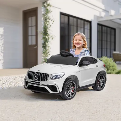 12V Toddler Ride On Car with Remote Control, Mercedes Benz AMG GLC63S Coupe, Electric Car with 2 Speed, MP3 Player, Light, Horn, Songs, Suspension, White