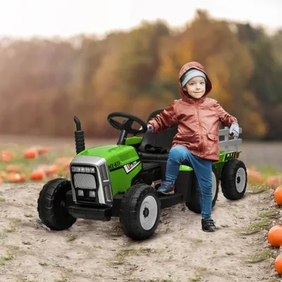 12V Ride on Tractor with Trailer, 25W Dual Motors, Battery Powered Electric Tractor with Remote Control, Music Startup Sound and Horn, LED Lights, Green