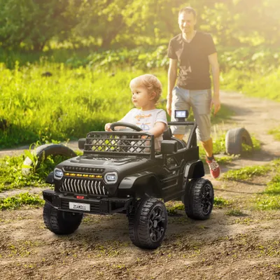 12V Battery Powered Ride On Truck, Kids Electric Car with Spring Suspension, Remote, Horn, USB Music, Black