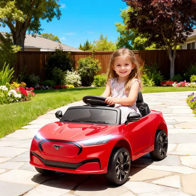 12V Kids Ride On Car, Licensed Ford Mustang Mach-E Electric Car with Remote Control, LED Light, Music, Red
