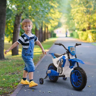 12V Kids Motorcycle w/ Treaded Tires, 5mph Top Speed Electric Bike for Kids, Ride On Motorcycle w/ Training Wheels, Battery Charger, Spring Suspension, Blue