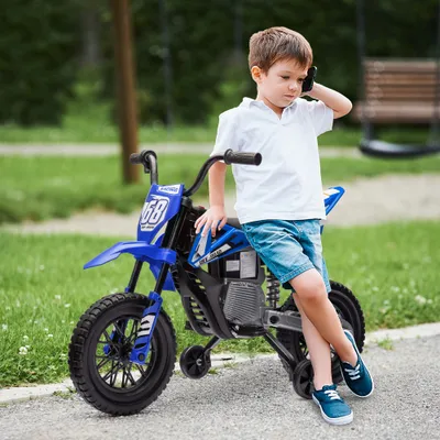 12V Kids Electric Motorcycle w/ Twist Grip Throttle, Training Wheels, Rear Suspension & Music, Blue