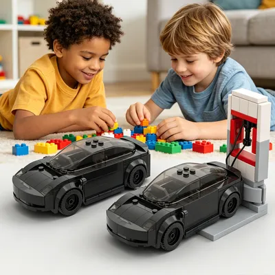 185PCS Black Electric Sports Car Building Blocks With Charger, Modern EV Vehicle Toy Kit For Kids And Adults,Collectible Car Gift
