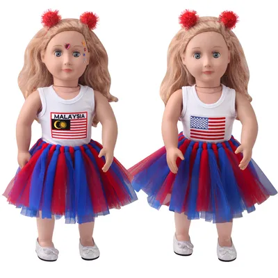 18-inch American Girl Doll Clothes Printed Short Sleeve  Handmade Veil Skirt  Hair Ball Hair Hoop