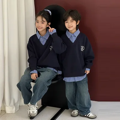 Kids FallWinter Patchwork Polo-Neck Sweater Heavyweight Coordinating Parent-ChildSibling Matching Sets For Boys And Girls