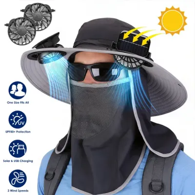 2 In 1 Solar Fan Hat UPF50 & Sun Hat With Fans Wide Brim Fishing Hat With Face Cover Neck Flap Solar USB Charging For Hiking Gardening Outdoor Work