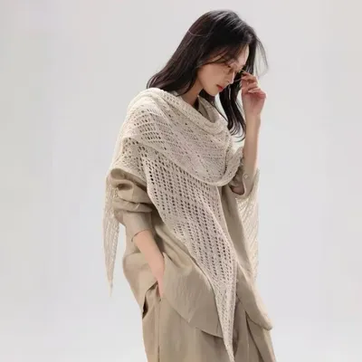 Tencel Linen Hollow-out Large Triangle Womens Shawl