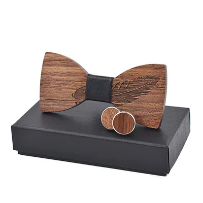 Business Leisure Feather Carving Wooden Tie Cuff Buckle Set