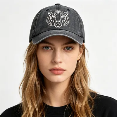 2pcs Tiger Head Embroidered Baseball Cap - Vintage Washed Cotton Hat, Adjustable Unstructured Low Profile, Wildlife Animal Cap For Men Women