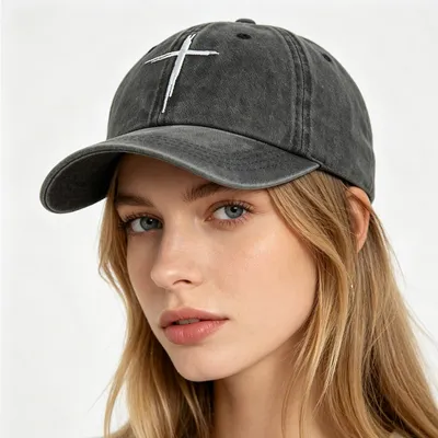 2pcs Minimal Cross Washed Black Cross Embroidered Baseball Cap,Vintage Distressed Cotton Hat, Unstructured Adjustable Streetwear Hat For Men Women