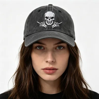 2pcs Washed Black Skull Baseball Cap, Skeleton Rock Hand Embroidered Hat, Adjustable Vintage Distressed Cotton Trucker Cap For Men Women