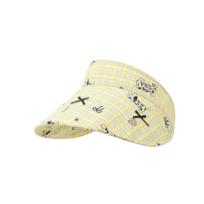 Yellow Checkered Polka Dot Puppy Print Sun Hat - Japanese Style, Sweet, Fresh, Cute, Casual, Sun-protective Hat