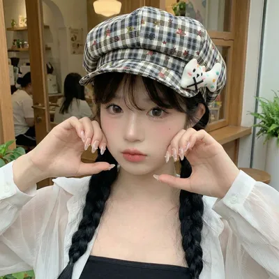 Ladies' Cute Bone-shaped Kitten Figurine With A Striped Octagonal Hat, Retro Star Pattern, Fashionable Style, Newsboy Hat For Outdoor Daily Wear