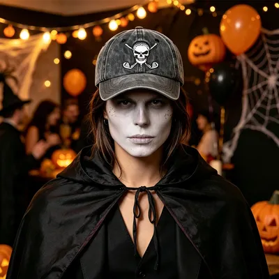 2pcs Halloween Golf Skull Baseball Cap, Vintage Washed Distressed Hat For Halloween Party Costume Accessory