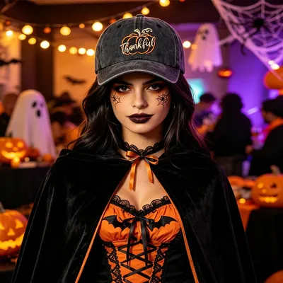 2pcs Thankful Pumpkin Embroidered Baseball Cap, Vintage Washed Black Hat, Halloween  Costume Accessory