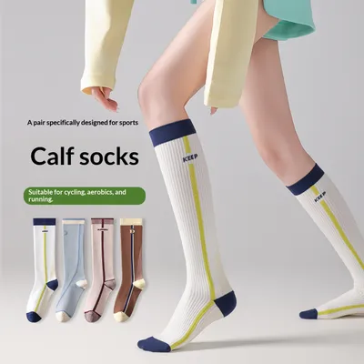 Womens Gradient-compression Calf Socks With Color-block Stripes
