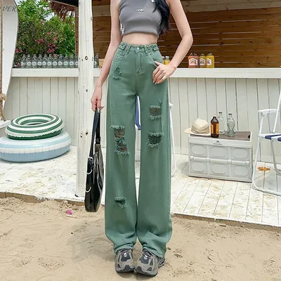 Adjustable Buckle High Waist Ripped Narrow Wide Leg Jeans