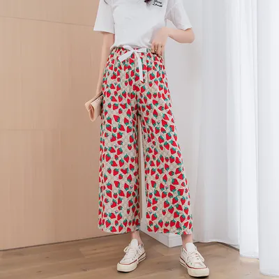 A Women'S Hair Generation Summer Ice Silk Cool Pants Printed Slim Home Pajamas Cotton Silk Nine Point Wide Leg Pants