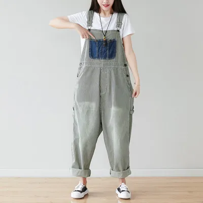 A Shirt With Water New Female Plus Size Striped Overalls Korean Version
