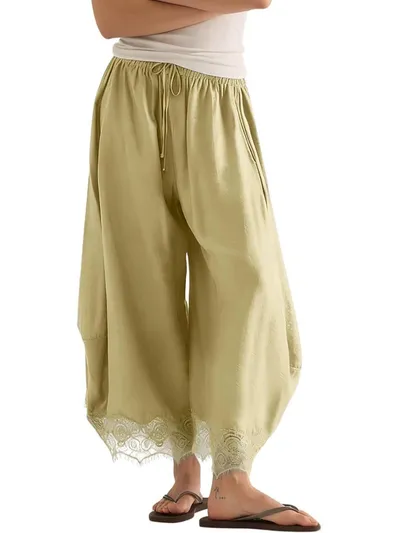 2026 Cross-Border European And American Women's New Style Curved Pants With Elastic Waist And Lace Trim Wide-Leg Pants