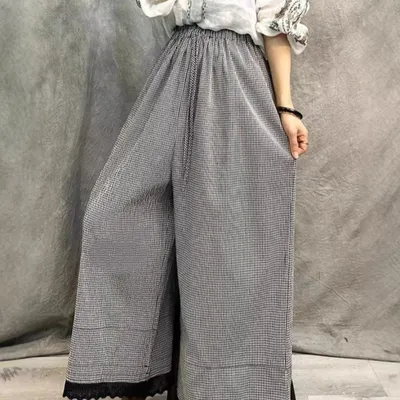 Artistic Vintage Plaid Fringed Wide-leg Pants