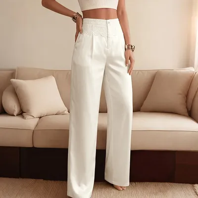 Womens Lace-Trimmed Panel Straight-Leg Pants