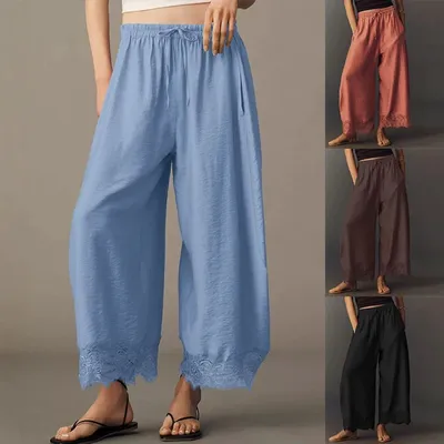 Womens Lace-panelled Wide-leg Pants With A Flared Hem