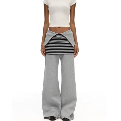 Adjustable Waist Gray Wide Leg Striped Skirt Profile Long Sports Pants Women