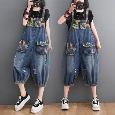 Age-reducing Denim Overalls Shorts Women's Fat Mm Print Stitching
