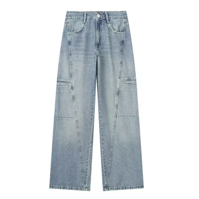 All-match Pocket Overalls Mid-waist Denim Trousers