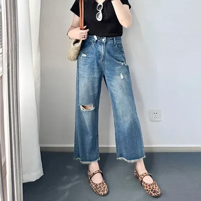 Comfortable Casual Washed Versatile Blue Capri-length Jeans For Outerwear