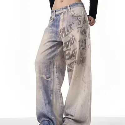 3D Printing Gradient Letter Printed Jeans Long Pants